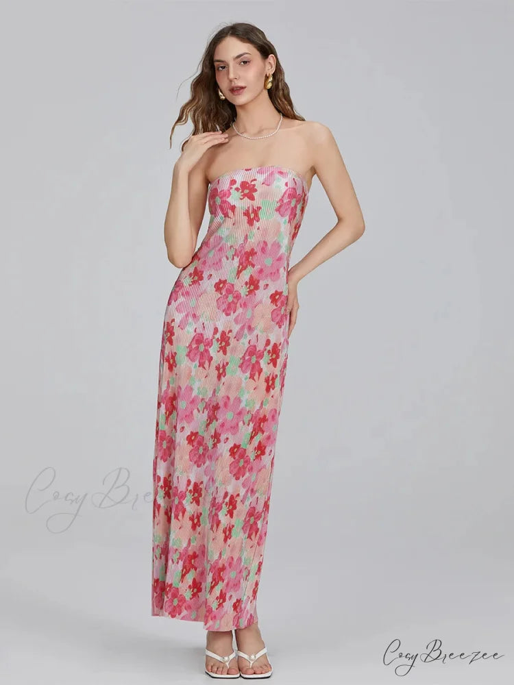 Floral Print Off-Shoulder Bandeau Pleated Tube Top Backless Party Dress PINK / S floraldress-250126