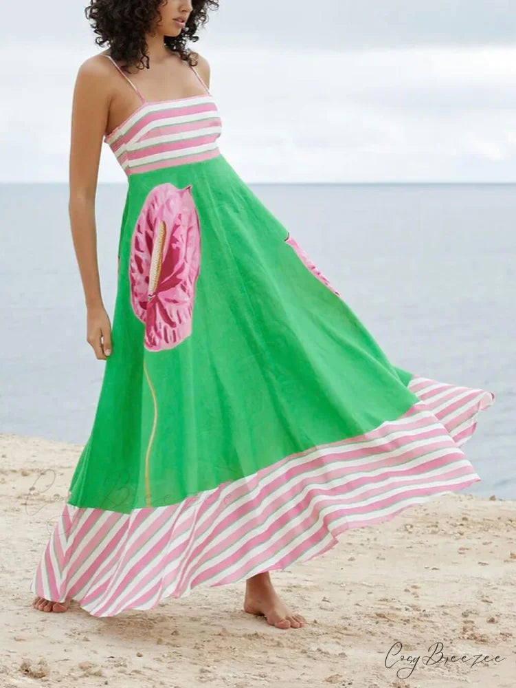 Floral Print Paneled Charming Striped Suspender Mixi Dress