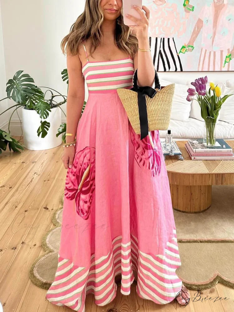 Floral Print Paneled Charming Striped Suspender Mixi Dress
