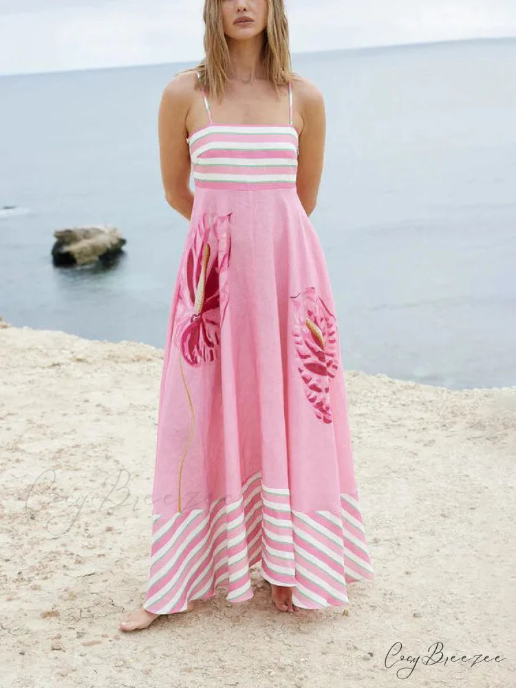 Floral Print Paneled Charming Striped Suspender Mixi Dress