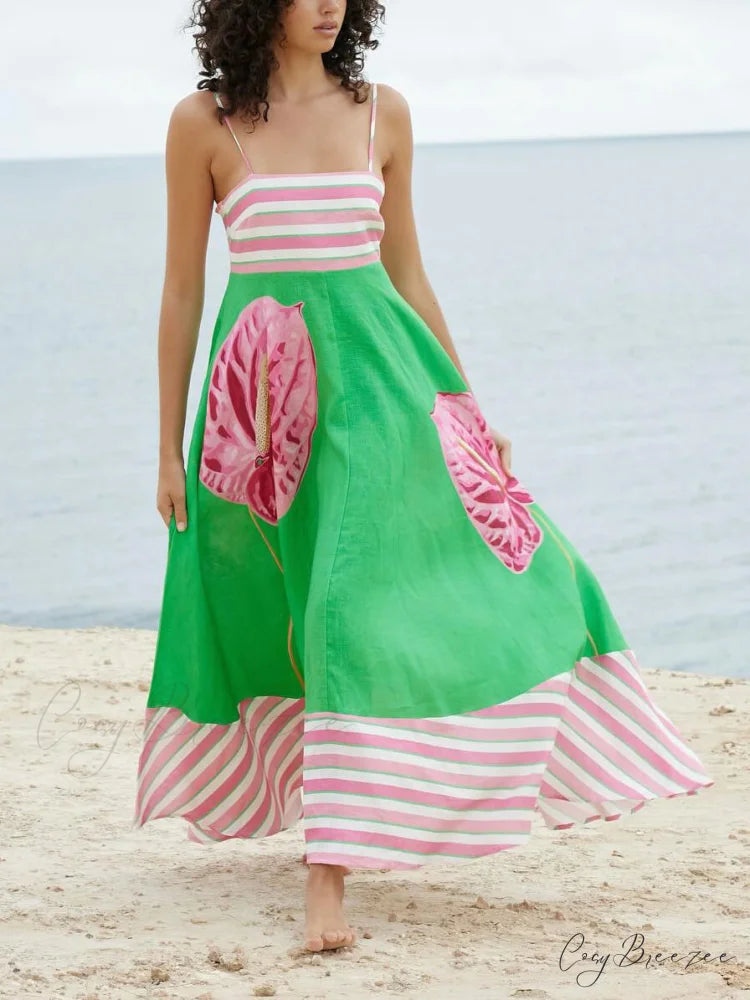 Floral Print Paneled Charming Striped Suspender Mixi Dress Green / S