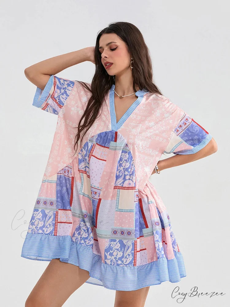 Floral Print Patchwork Flowy V-neck Loose A-Line Mini Dress Blue / S floraldress-250126