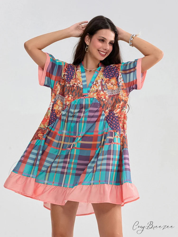Floral Print Patchwork Flowy V-neck Loose A-Line Mini Dress floraldress-250126