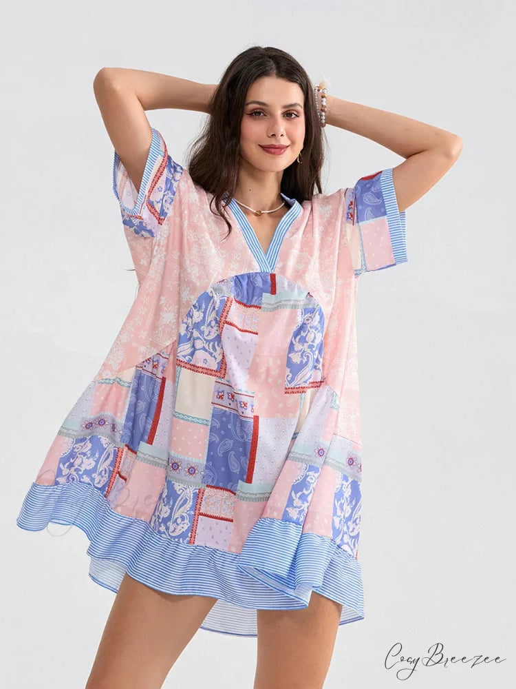Floral Print Patchwork Flowy V-neck Loose A-Line Mini Dress floraldress-250126