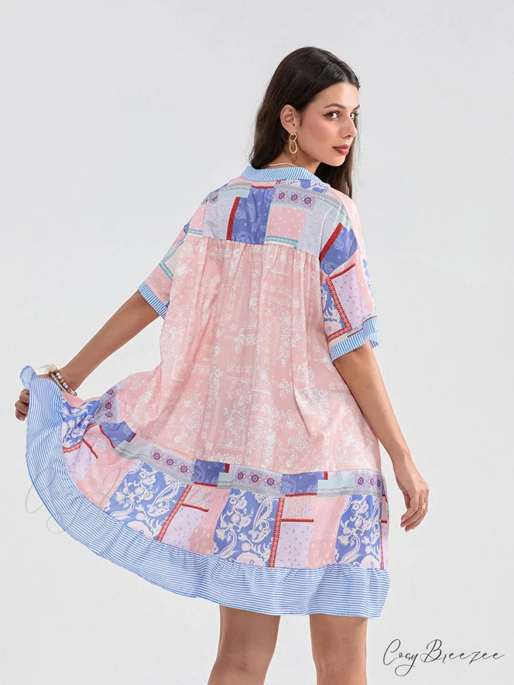 Floral Print Patchwork Flowy V-neck Loose A-Line Mini Dress floraldress-250126