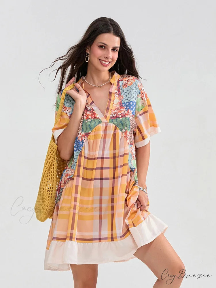 Floral Print Patchwork Flowy V-neck Loose A-Line Mini Dress floraldress-250126