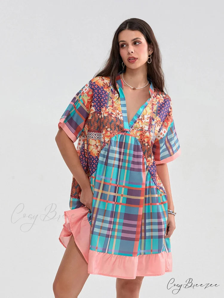 Floral Print Patchwork Flowy V-neck Loose A-Line Mini Dress Mixed Color / S floraldress-250126