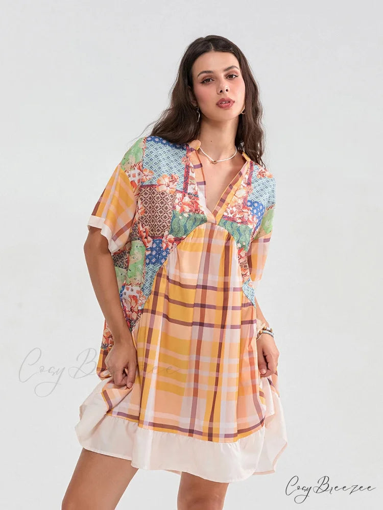 Floral Print Patchwork Flowy V-neck Loose A-Line Mini Dress Yellow / S floraldress-250126