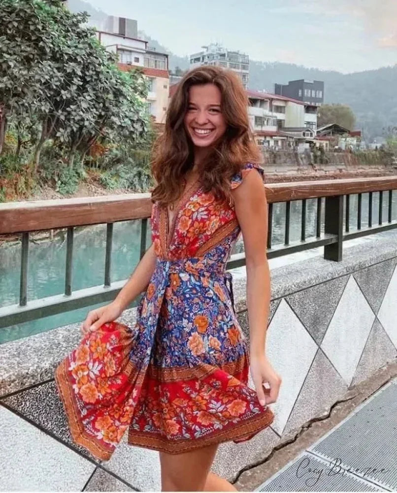 Floral Print Rayon Wrap Short Sleeve Sexy Vacation Mini Dress Navy / S bohodress-250126