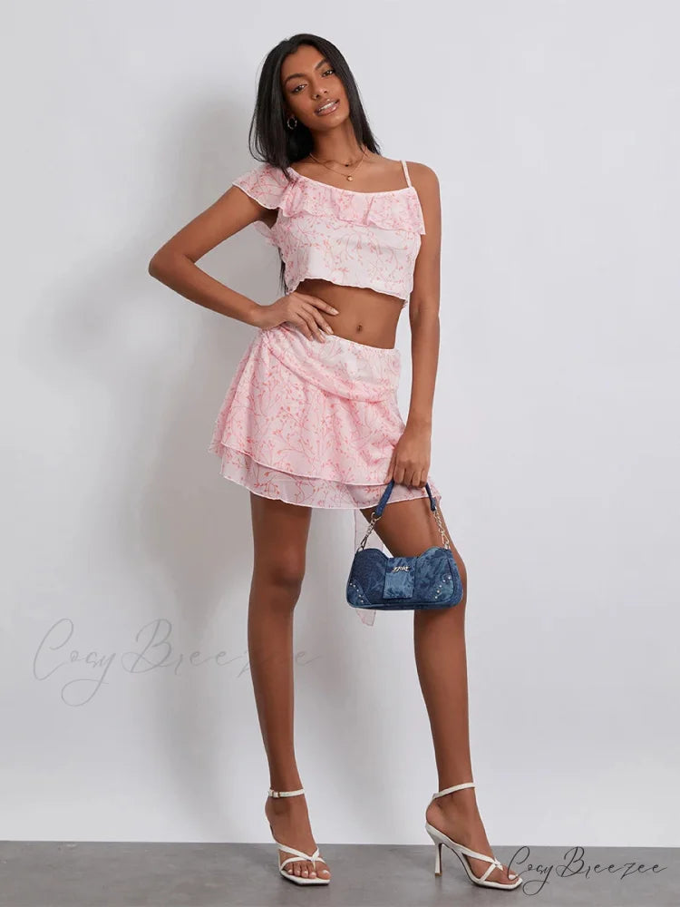 Floral Print Ruffle Sling Crop Mini Skirt Dress floraldress-250126