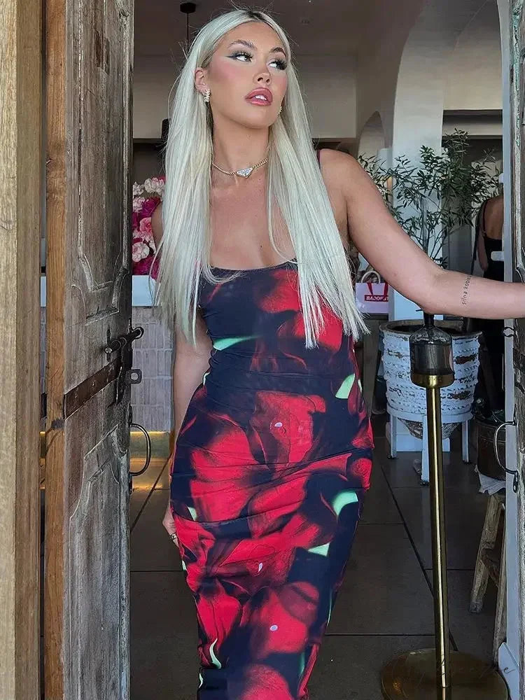 Floral Print Sleeveless Maxi Dress Red / S