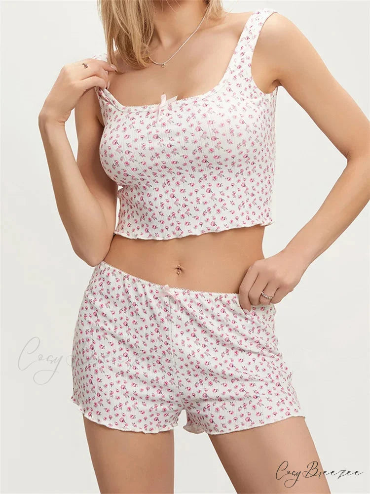Floral Print Sleeveless Square Neck Camis Top with Shorts Pajama Set PINK / S twopiecesset-250126
