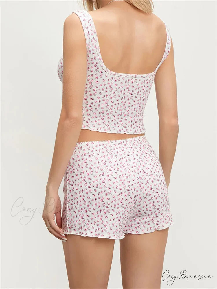 Floral Print Sleeveless Square Neck Camis Top with Shorts Pajama Set twopiecesset-250126