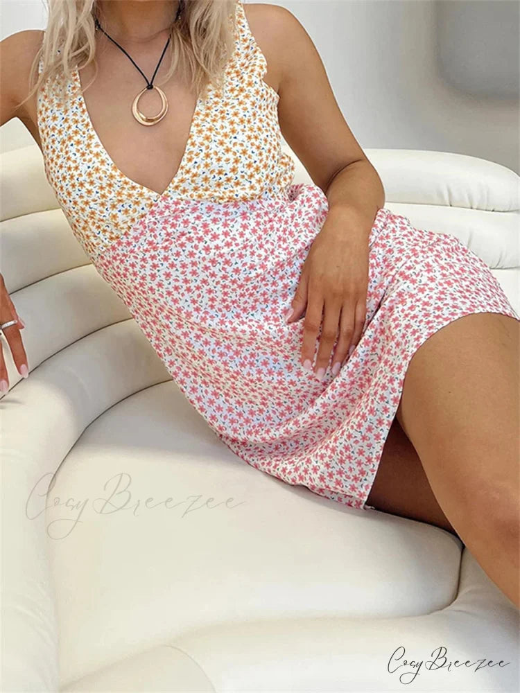 Floral Print Sleeveless Tie-up Short Beach Dress Green / S floraldress-250126