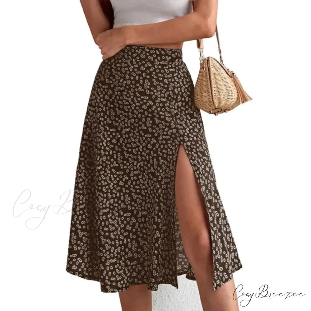 Floral Print Slit A-Line High Waist Loose Skirt Brown / S skirt-250126