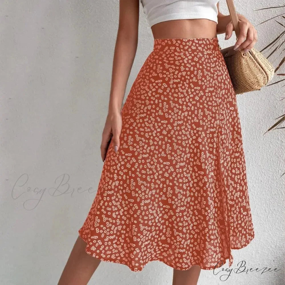 Floral Print Slit A-Line High Waist Loose Skirt Orange / S skirt-250126
