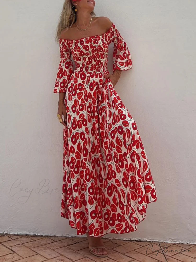 Floral Print Smocked Off Graceful Shoulder Pocketed Maxi Dress
