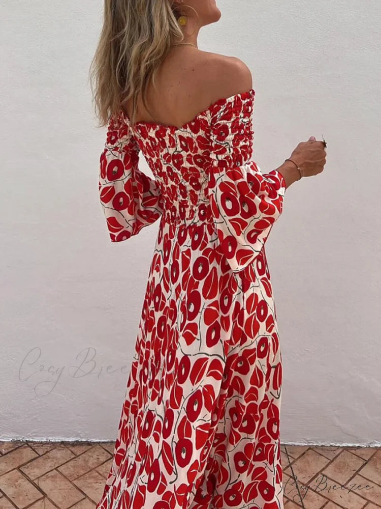 Floral Print Smocked Off Graceful Shoulder Pocketed Maxi Dress