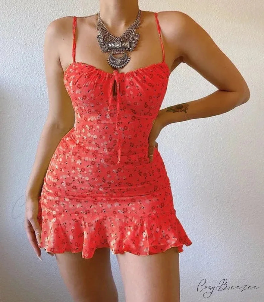 Floral Print Spaghetti Strap Low Cut Lace-up Ruffled Dress Red / S floraldress-250126
