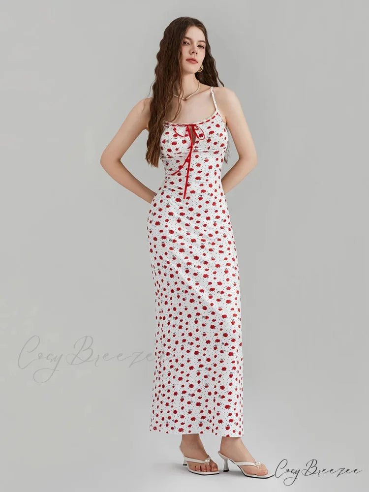 Floral Print Spaghetti Strap Ribbon Tie-Up Slip Vacation Dress floraldress-250126