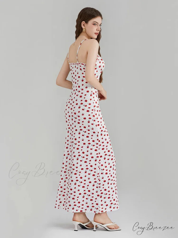 Floral Print Spaghetti Strap Ribbon Tie-Up Slip Vacation Dress floraldress-250126