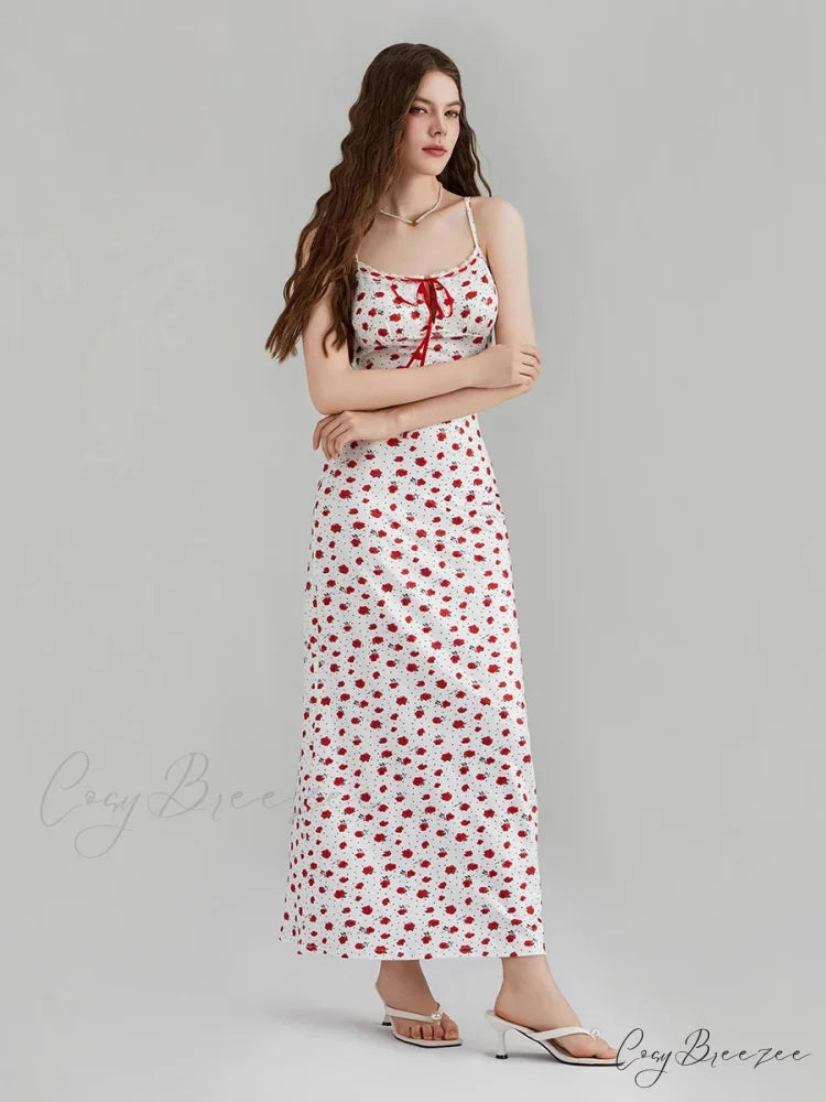 Floral Print Spaghetti Strap Ribbon Tie-Up Slip Vacation Dress floraldress-250126