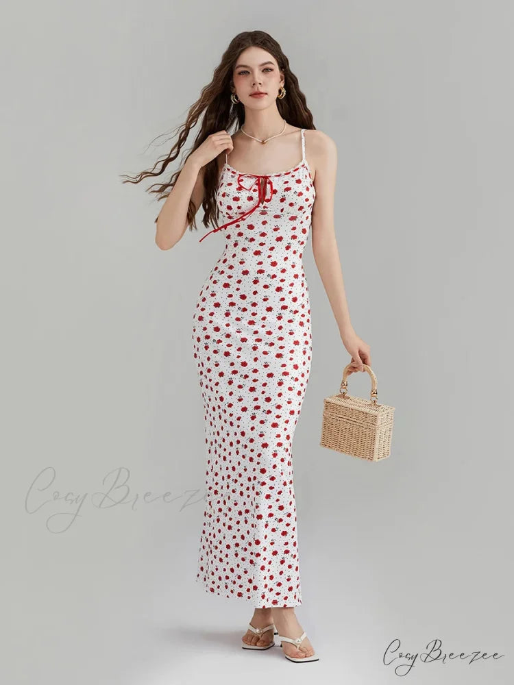 Floral Print Spaghetti Strap Ribbon Tie-Up Slip Vacation Dress Red / S floraldress-250126