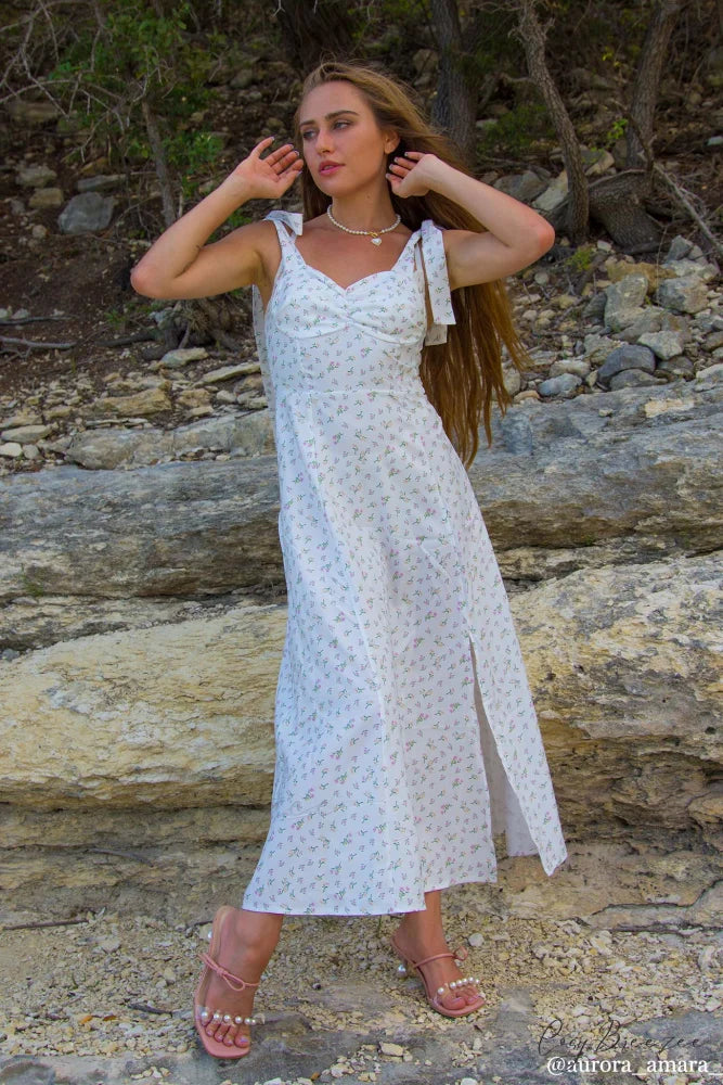 Floral Print Split Dress with Tie-Straps White / 3XL