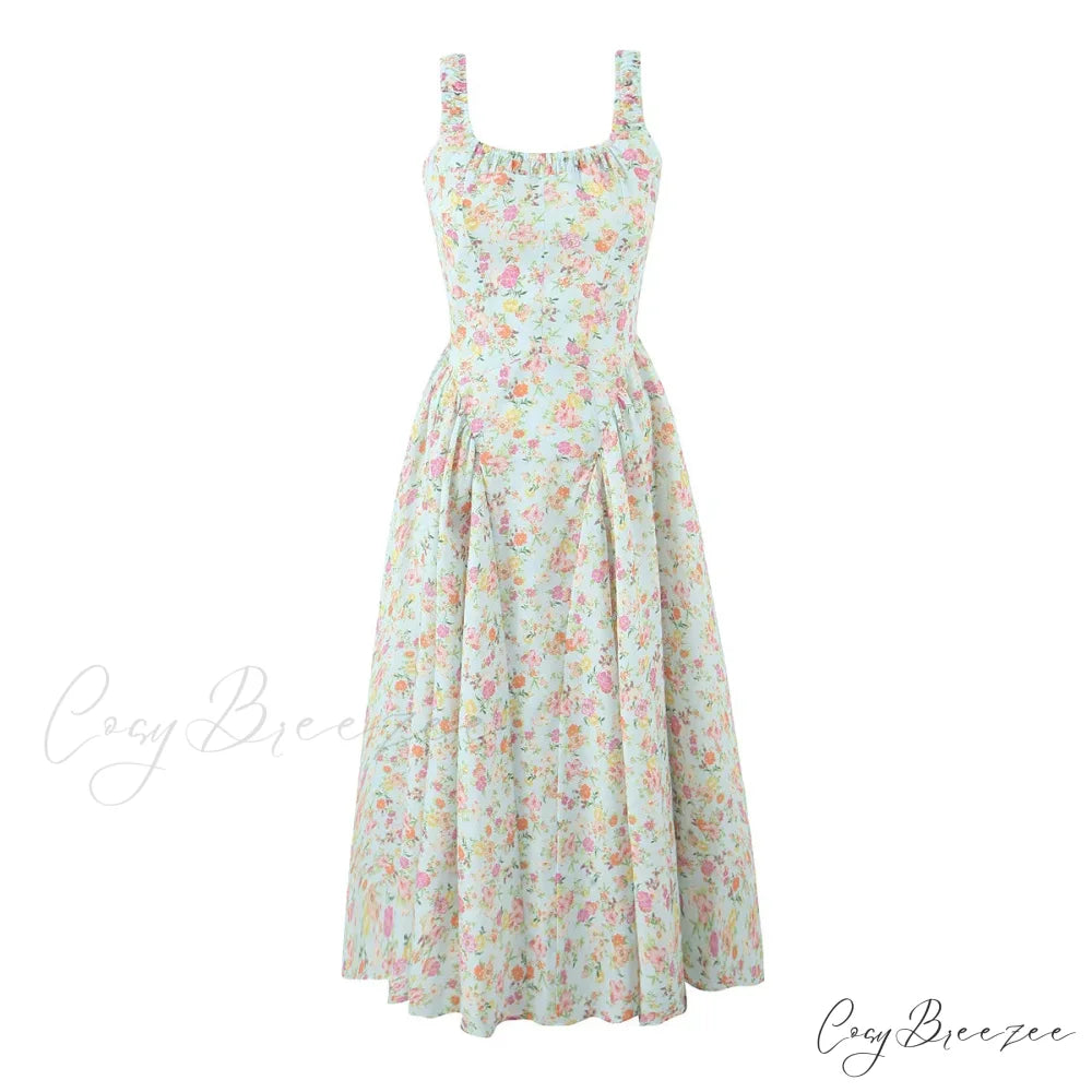 Floral Print Square Neck Graceful Strap Flare Midi Dress