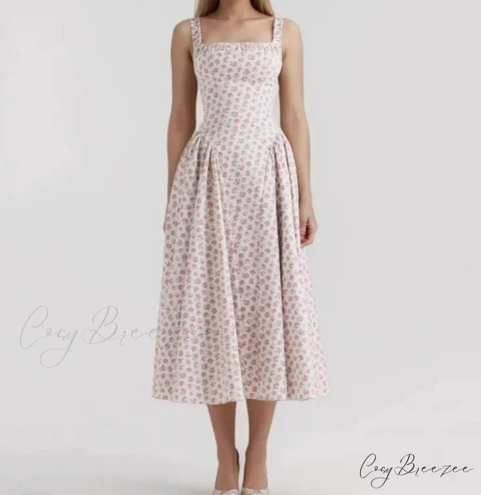 Floral Print Square Neck Graceful Strap Flare Midi Dress