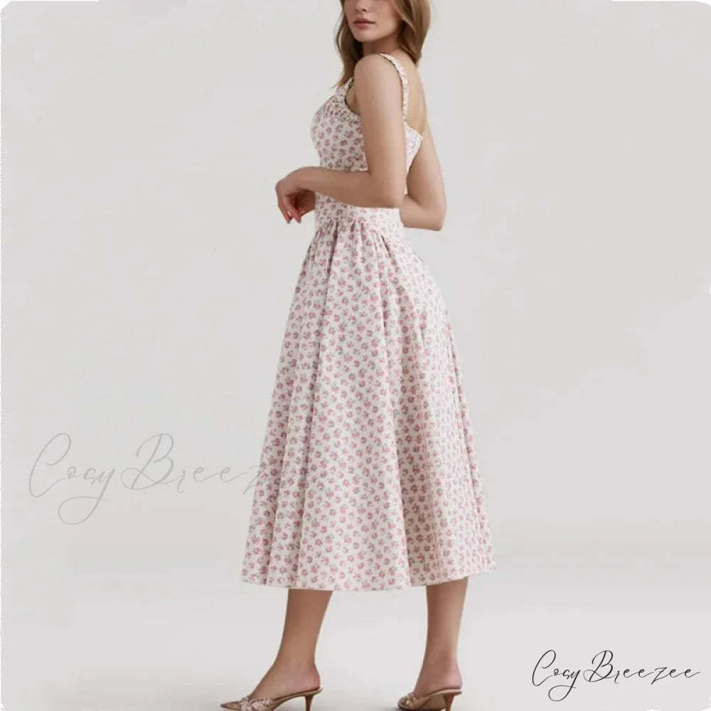 Floral Print Square Neck Graceful Strap Flare Midi Dress