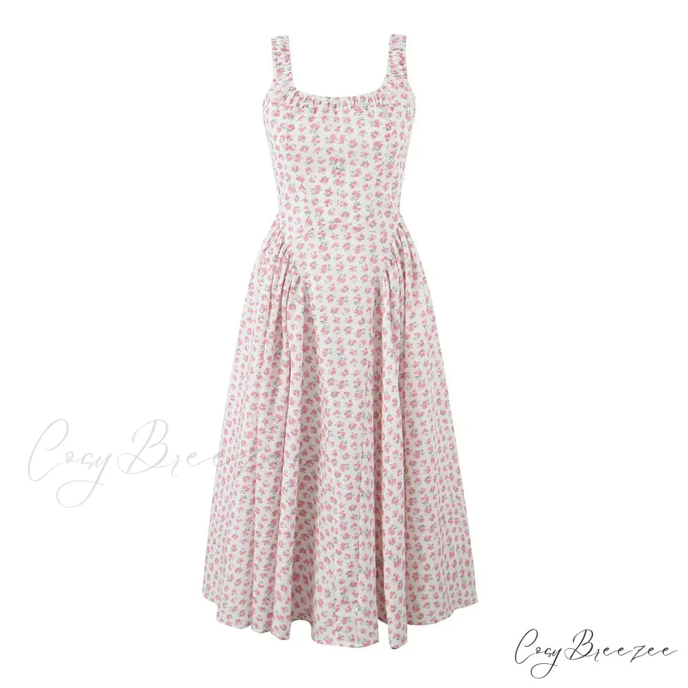 Floral Print Square Neck Graceful Strap Flare Midi Dress