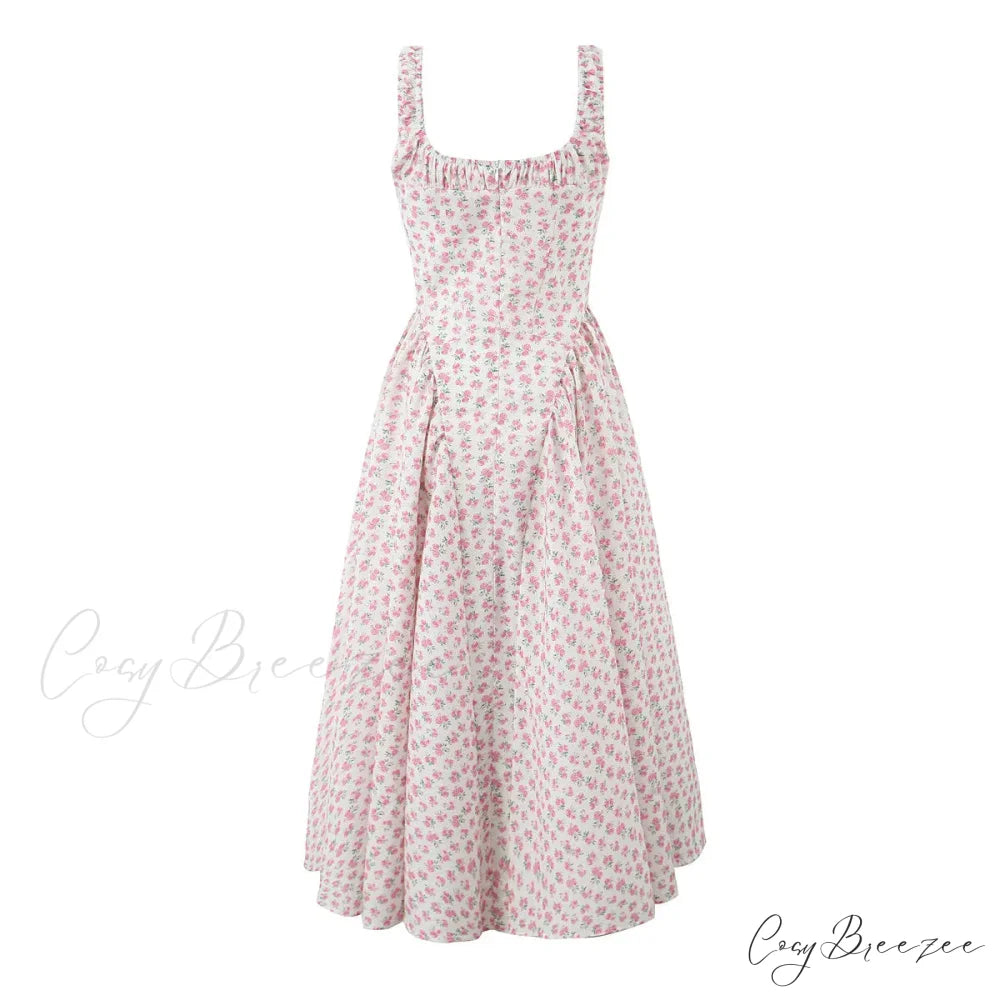Floral Print Square Neck Graceful Strap Flare Midi Dress