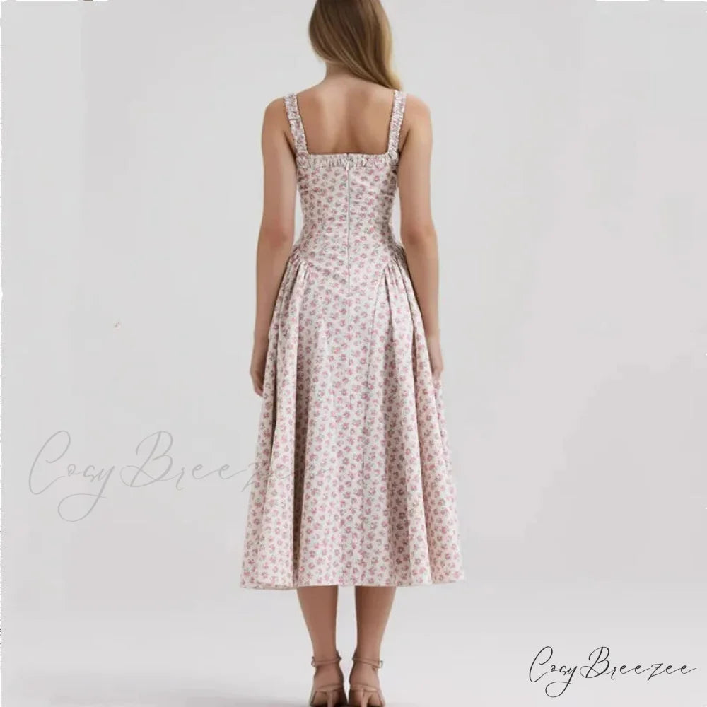 Floral Print Square Neck Graceful Strap Flare Midi Dress