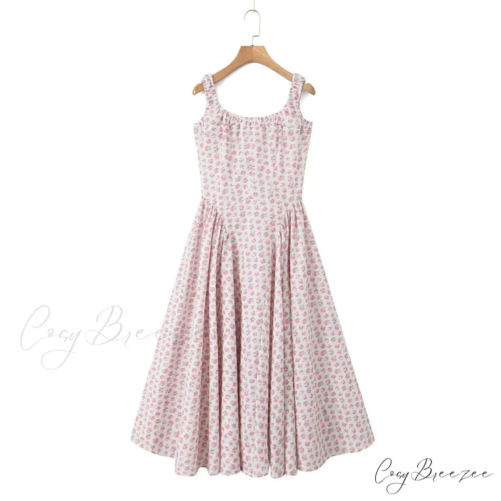 Floral Print Square Neck Graceful Strap Flare Midi Dress beige pink flower / M