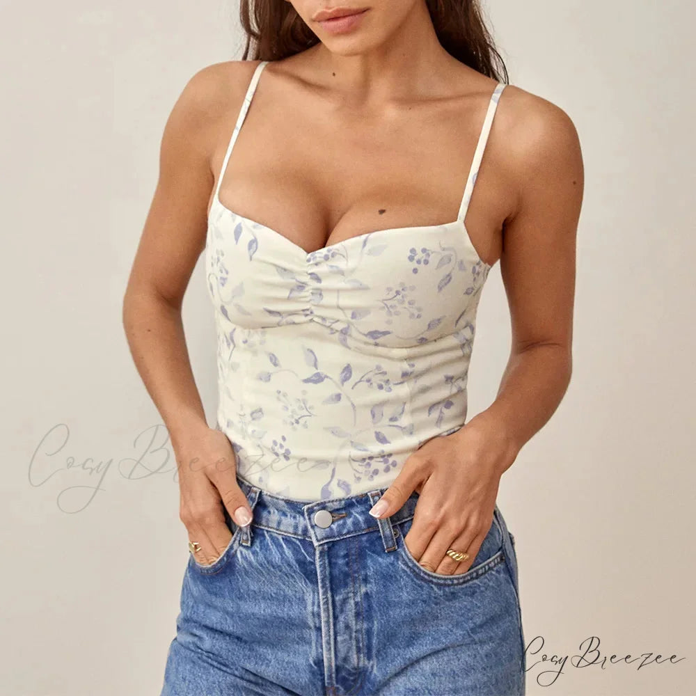Floral Print Sweetheart Neck Smocked Spaghetti Strap Cami WHITE / S croptop-250126