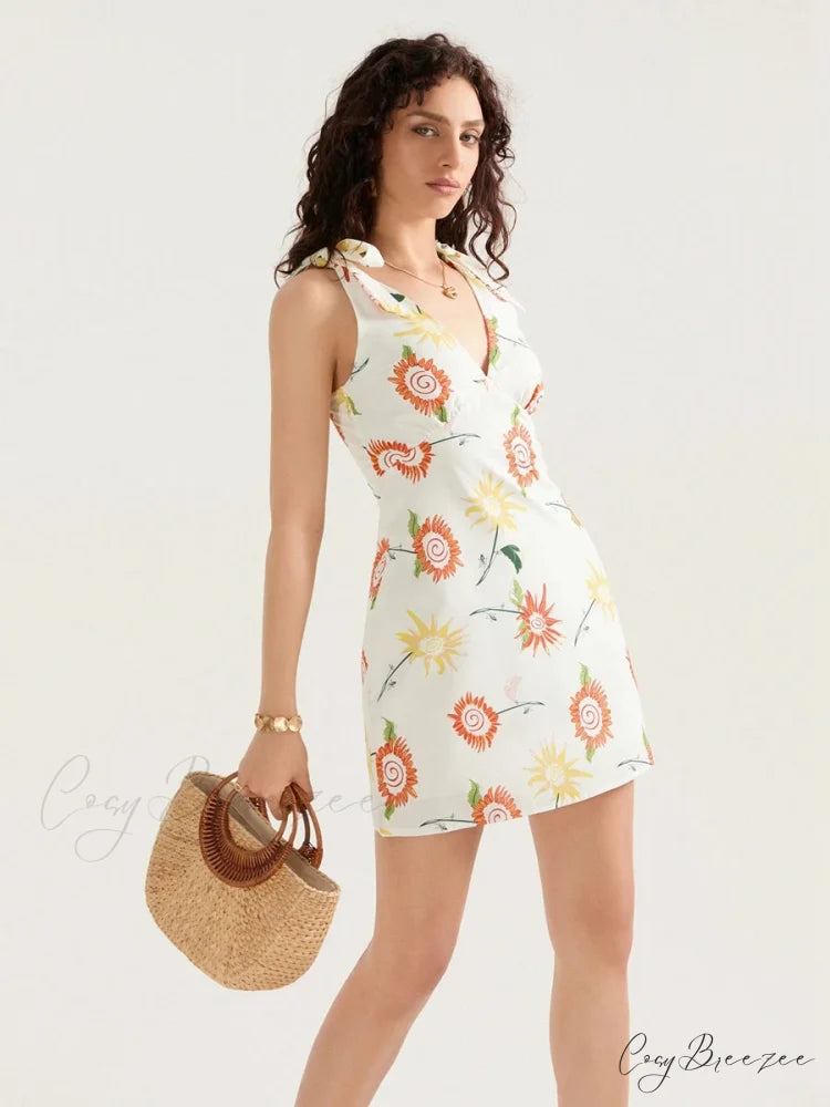 Floral Print Tied Shoulder Backless Sleeveless Mini Vacation Dress floraldress-250126