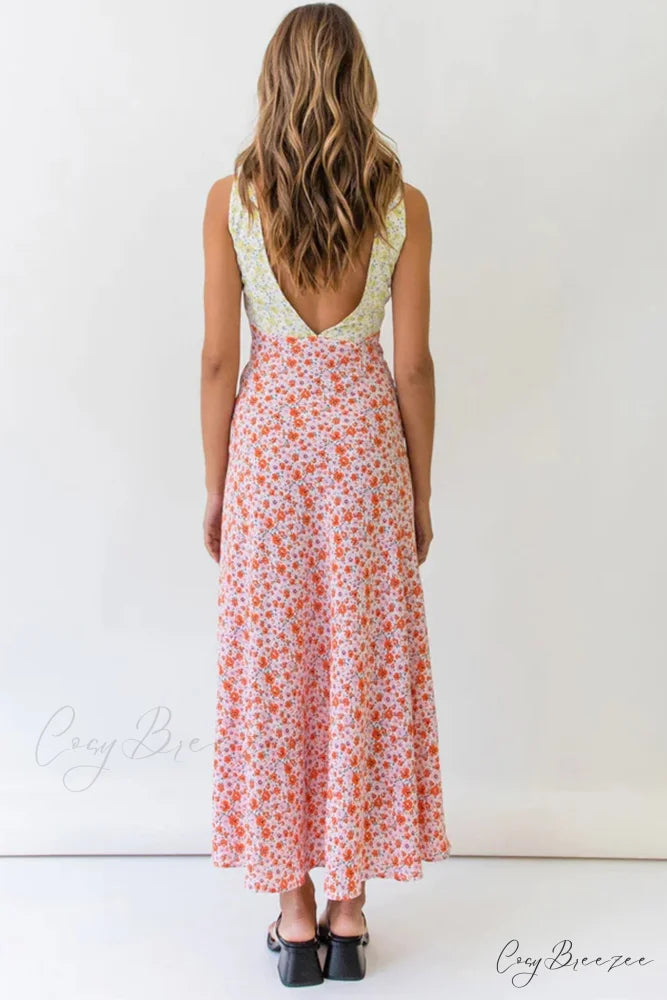Floral Print V Neck Dress with Contrast Detail and Tie-back