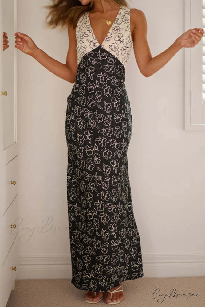 Floral Print V Neck Dress with Contrast Detail and Tie-back Black / S