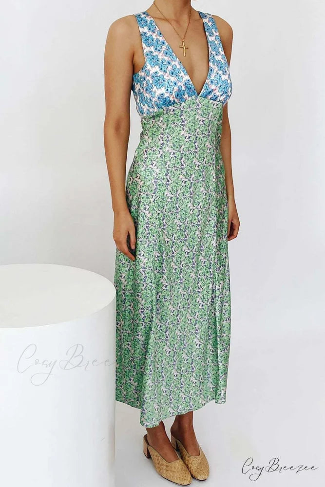 Floral Print V Neck Dress with Contrast Detail and Tie-back Blue Green / L