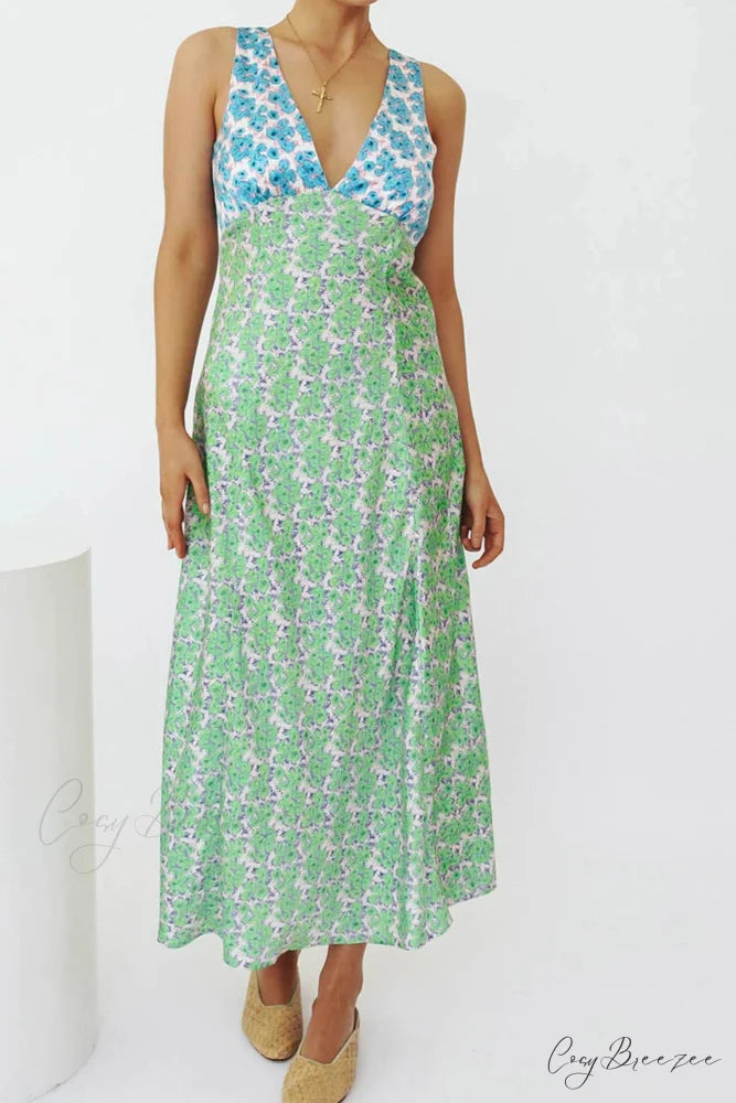 Floral Print V Neck Dress with Contrast Detail and Tie-back Blue Green / M