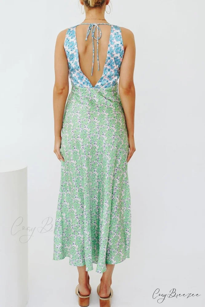 Floral Print V Neck Dress with Contrast Detail and Tie-back Blue Green / XL