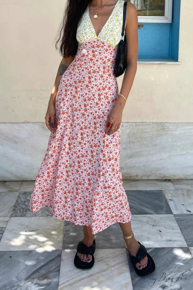 Floral Print V Neck Dress with Contrast Detail and Tie-back Pink / 2XL