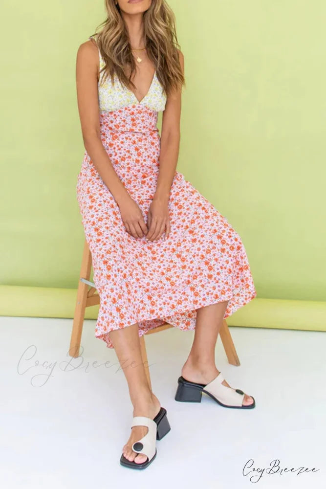 Floral Print V Neck Dress with Contrast Detail and Tie-back Pink / XL