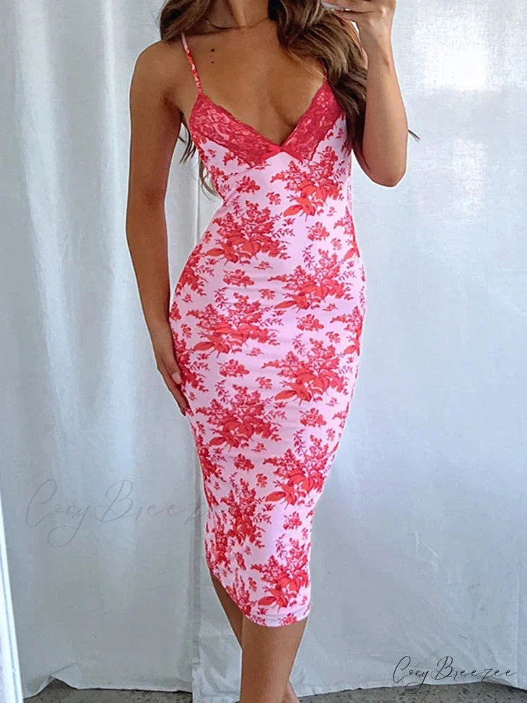 Floral Print V Neck Lace Slip for Women’s Club Party Sexy Backless Sunes Midi Dress Summer