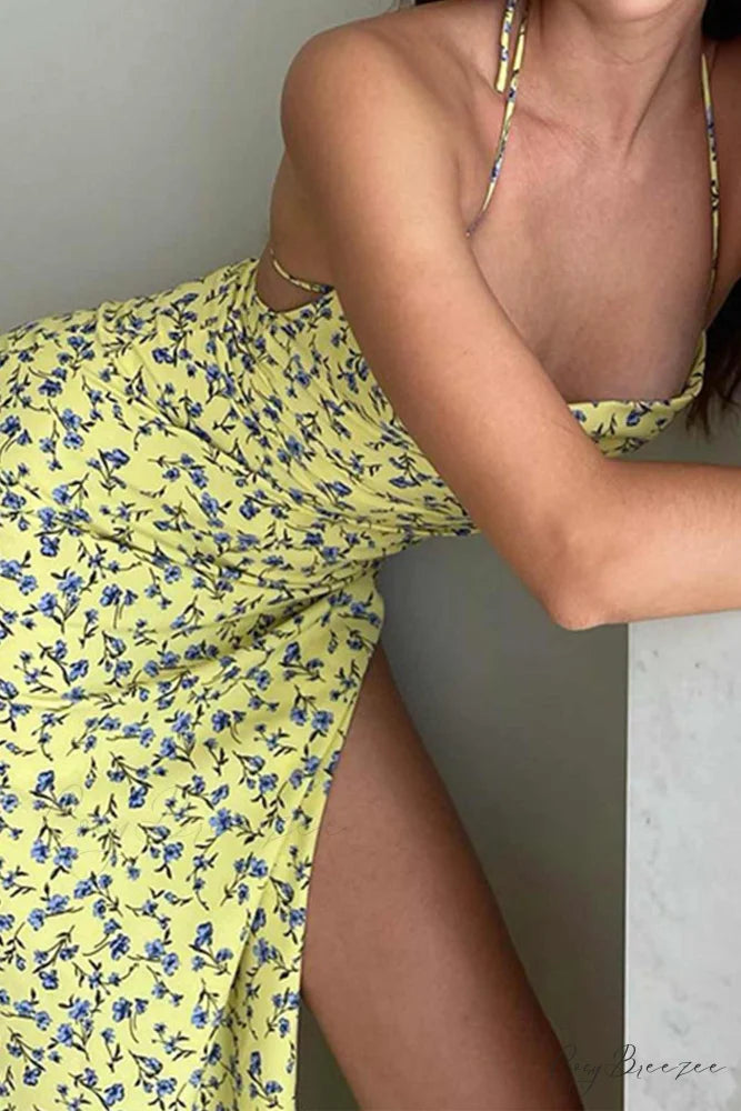 Floral Print Yellow Tie-back Slit Dress Yellow / L