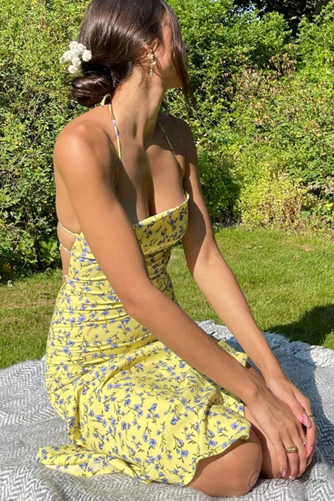 Floral Print Yellow Tie-back Slit Dress Yellow / S