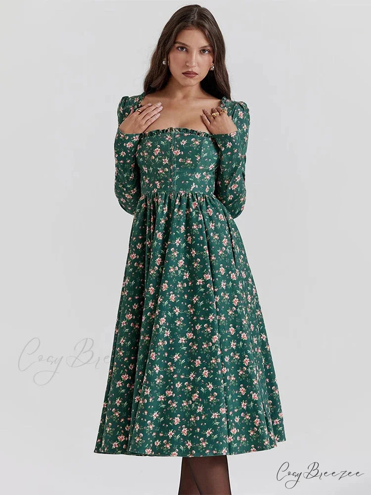 Floral Printed Backless Square-neck Midi Dress floraldress-250126