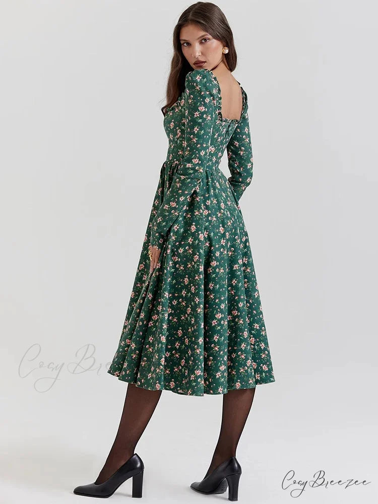 Floral Printed Backless Square-neck Midi Dress floraldress-250126