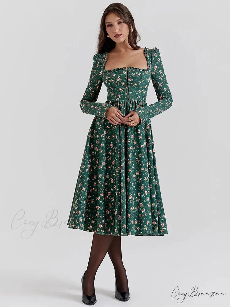 Floral Printed Backless Square-neck Midi Dress Green / S floraldress-250126